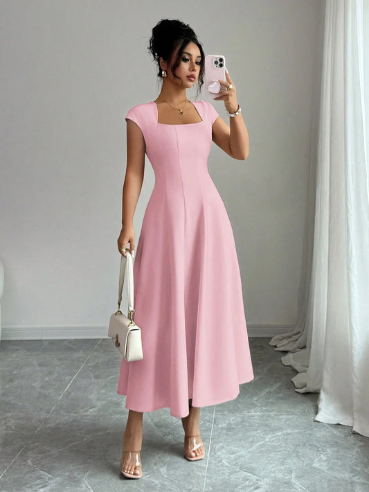 Elegant Solid Color Square Neck Short Sleeve A-Line Midi Dress For Women