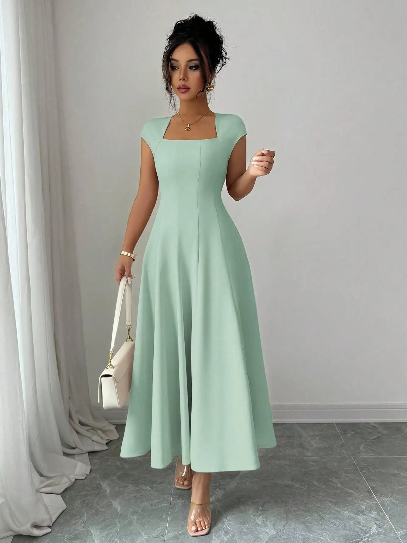 Elegant Solid Color Square Neck Short Sleeve A-Line Midi Dress For Women