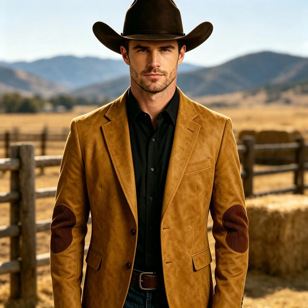 Men's Suede Blazer Western Style Two Button Sport Coat with Elbow Patches Casual Slim Fit Jacket for Business Cowboy Wedding