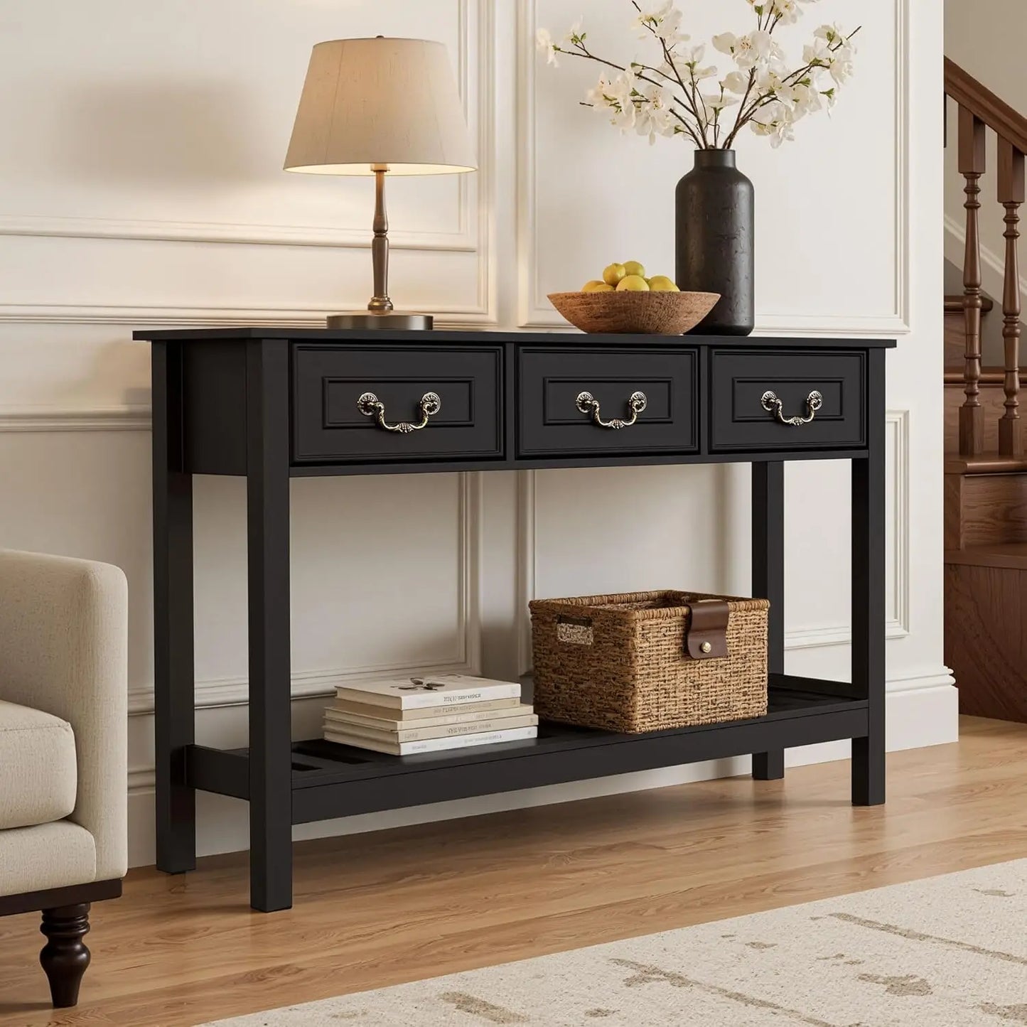 Farmhouse Sofa Table With Drawers For Entryway And Living Room