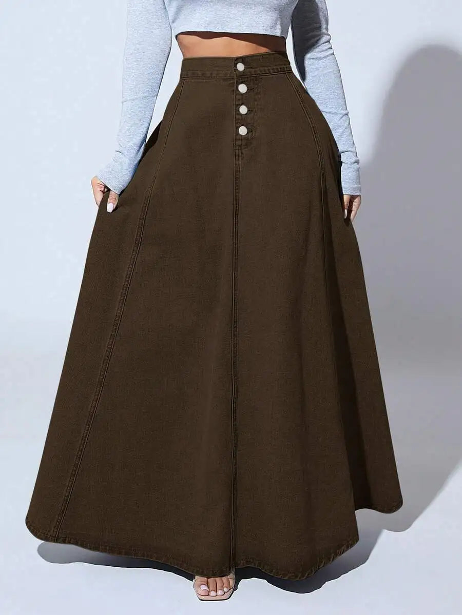 Front Button High-Waisted Denim Maxi Skirt for Women