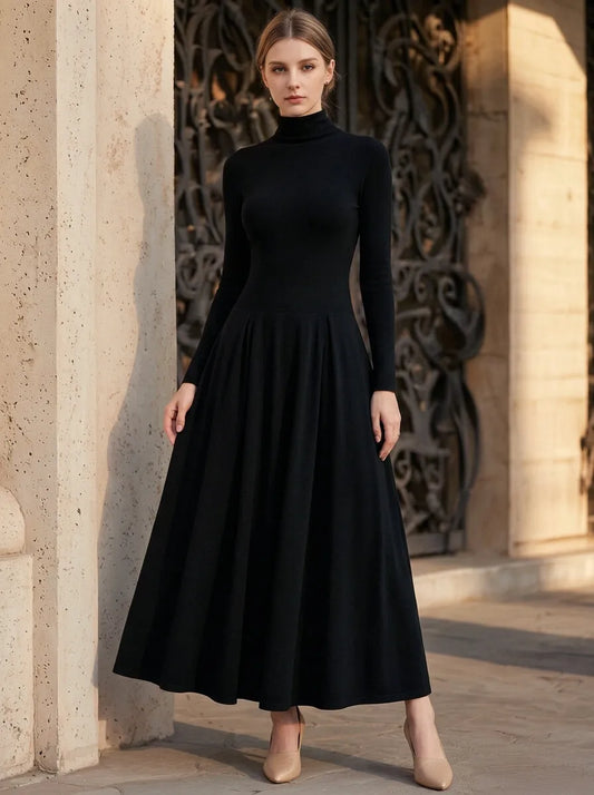 Minimalist Style Women Summer Turtleneck Long Sleeve Pleated Swing Maxi Dress
