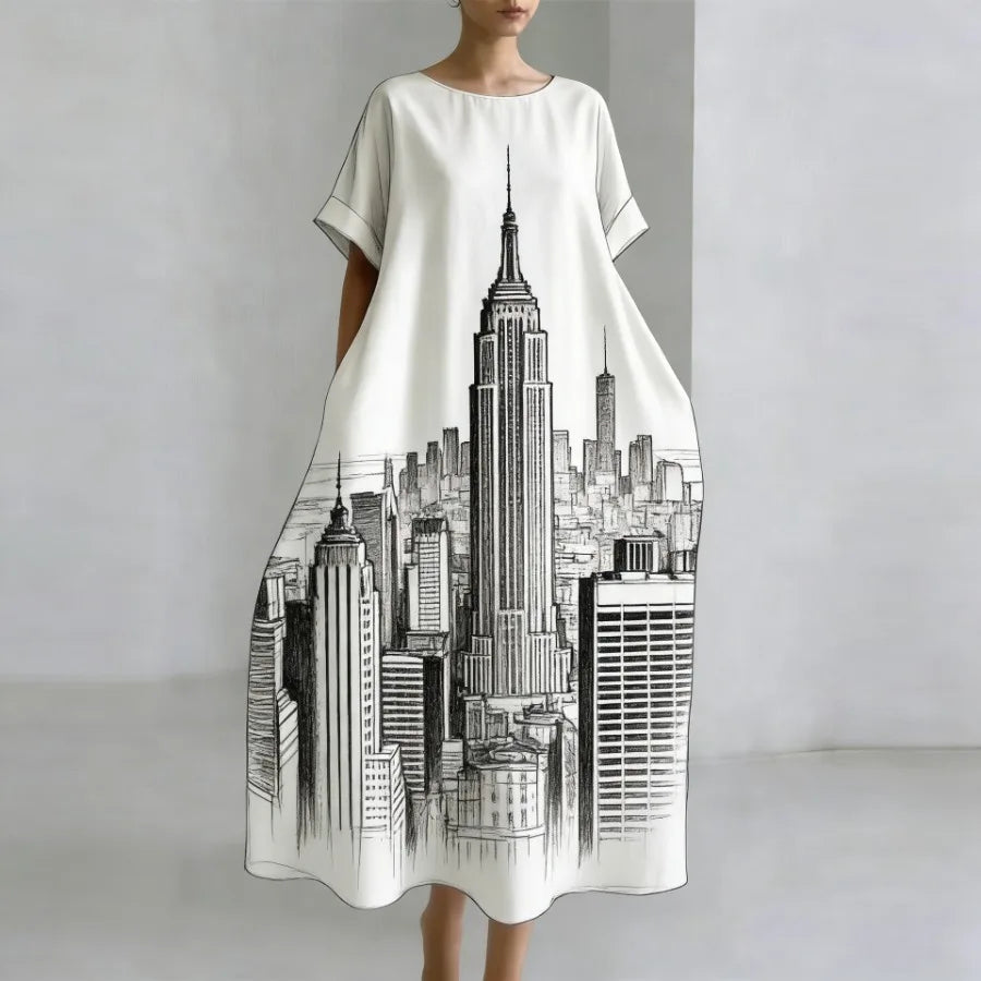 2026 European and American vacation style hit watercolor flower print dress loose mid-length dress