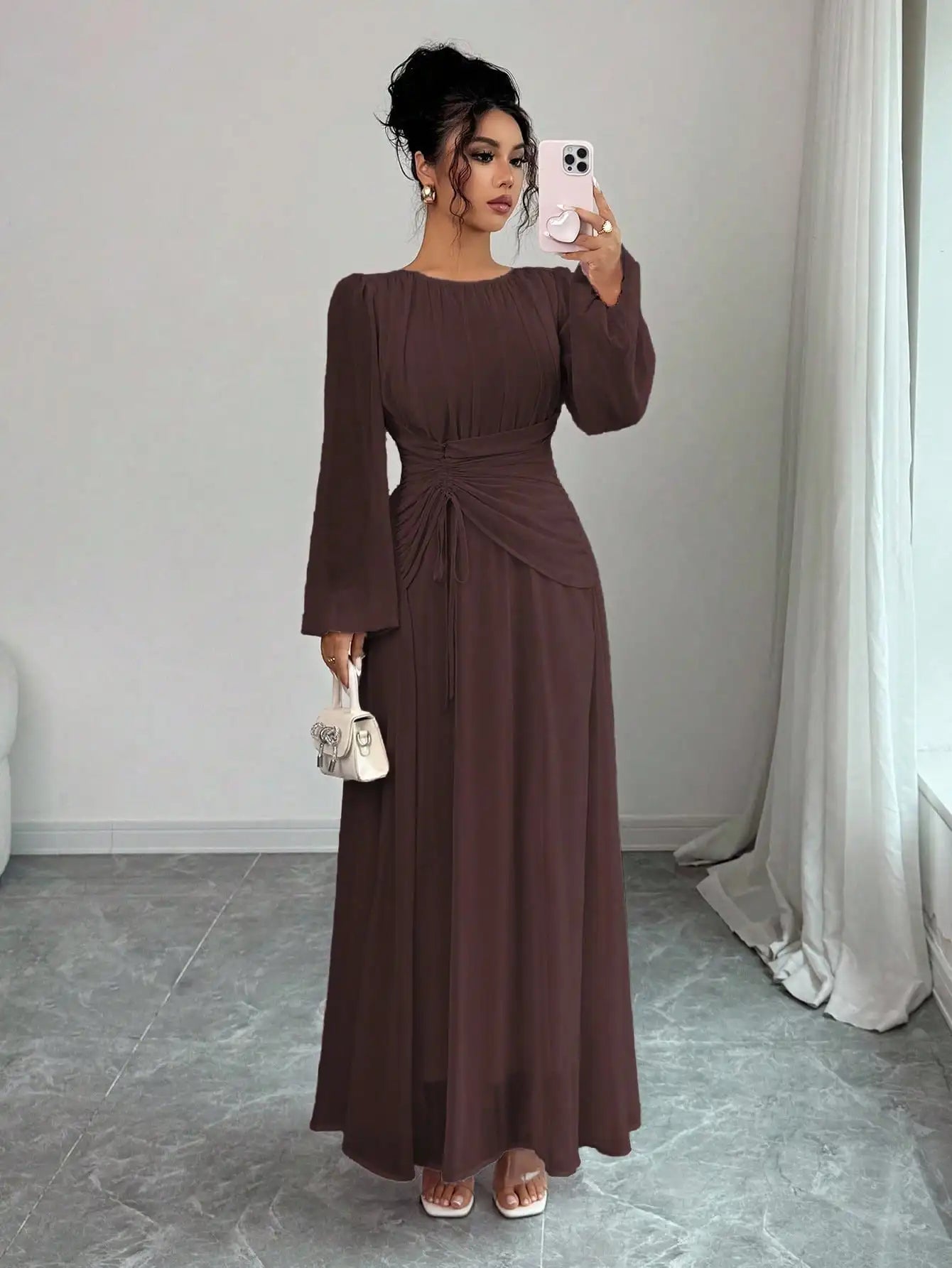 Women's Spring Summer Romantic Elegant Ruched Waist A-Line Long Sleeve Maxi Dress