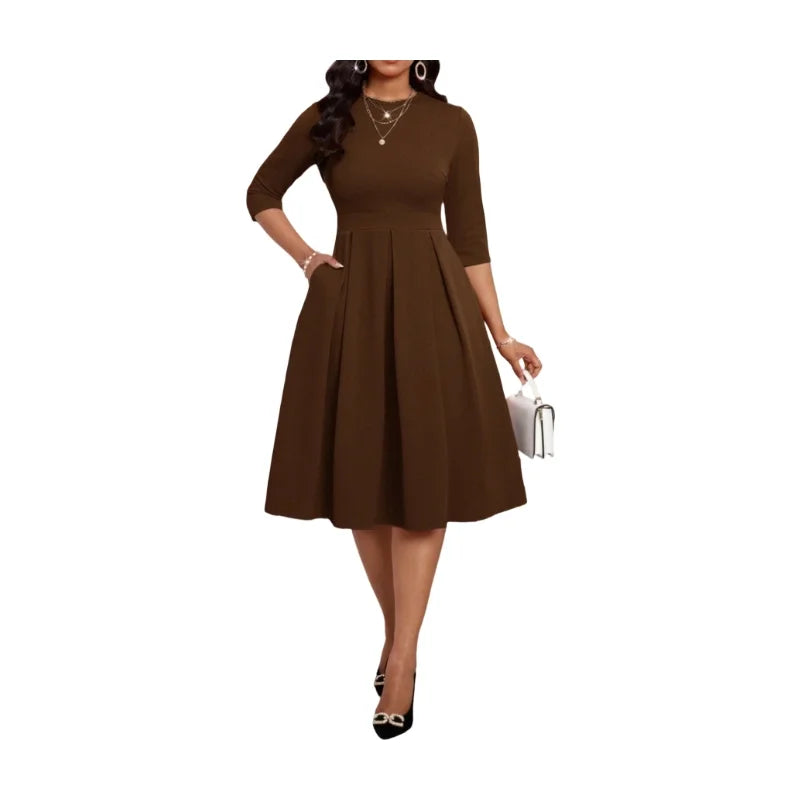 Women's Round Neck Three Quarter Sleeve Pleated Midi Dress For Business Daily Banquet Wedding Guest Formal Fashion Occasions