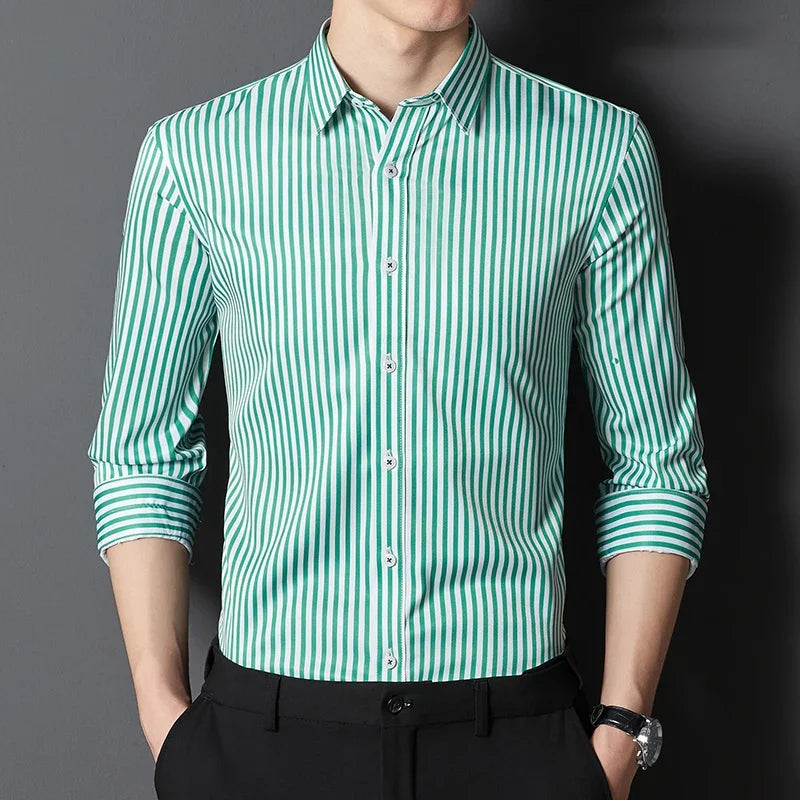BROWON Brand 2026 Spring Long Sleeve Formal Shirt Men Manage Striped Business Shirts for Man Slim-fit Elasticity Work Man