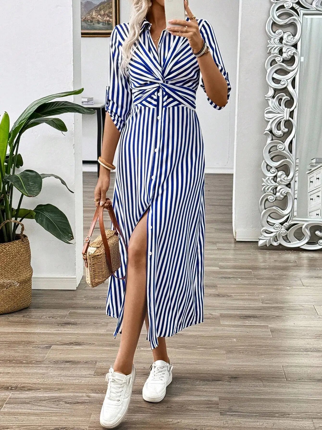 Blue And White Striped Twist Front Midi Dress With Belt