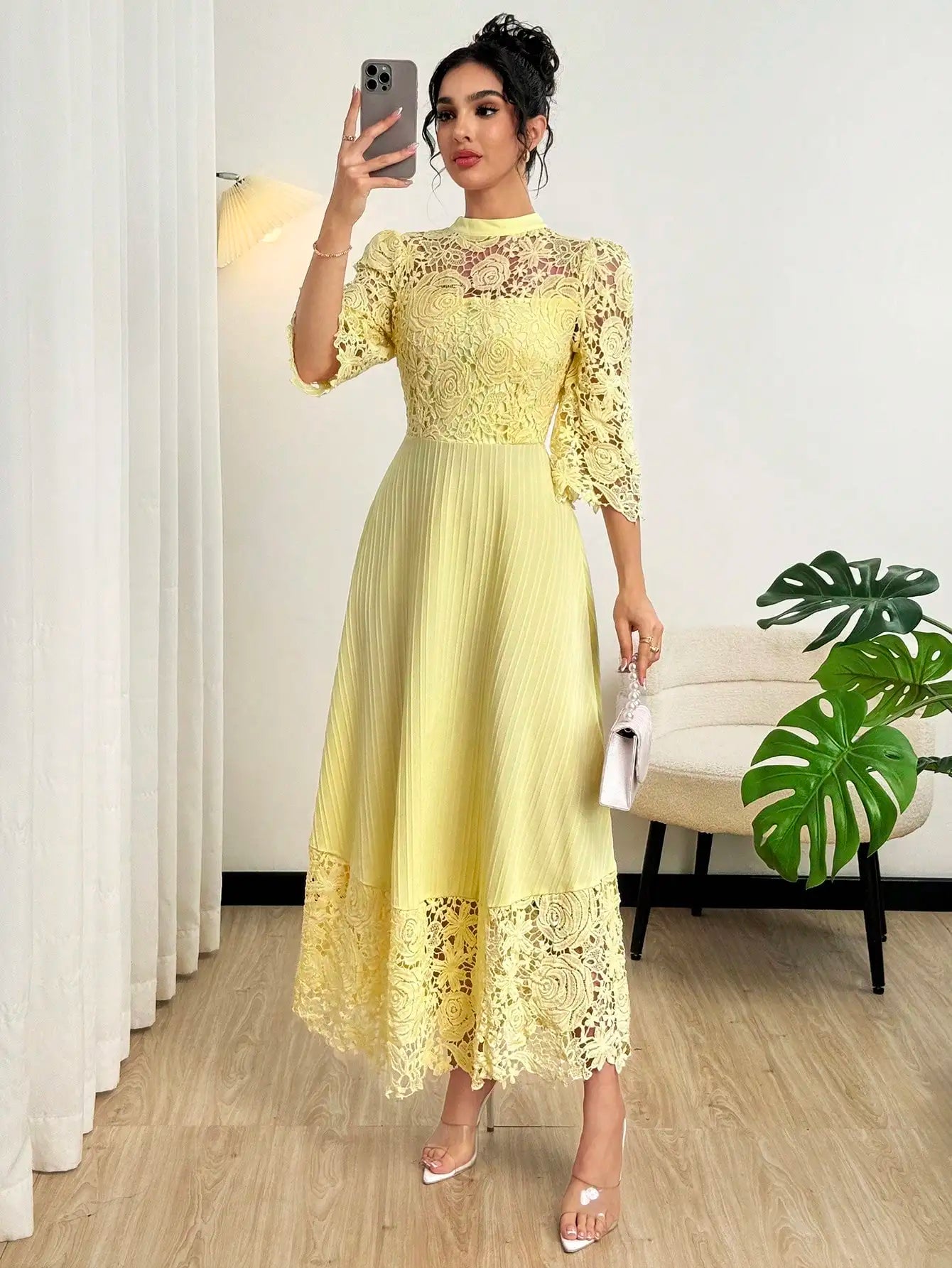 Yellow Lace Embroidered Floral Maxi Dress With Pleated Skirt And Flare Sleeves
