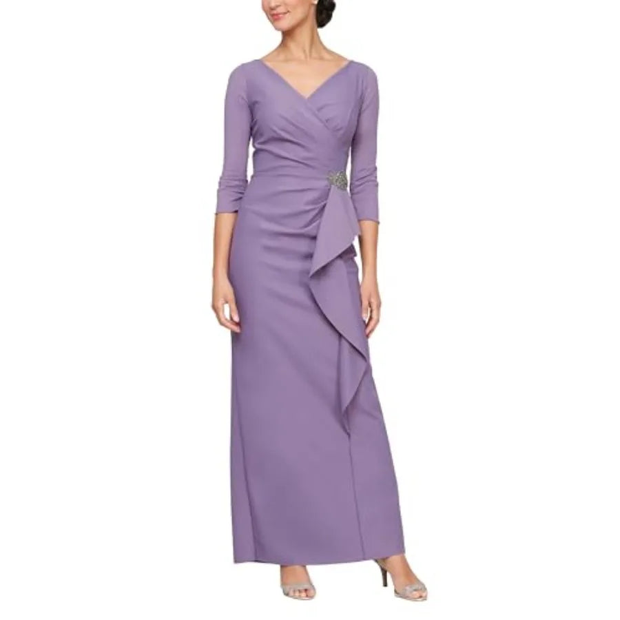 Women's Slimming Long Length ¾ Sleeve Mother of The Bride Dress with Cascade Ruffle Skirt and Side Ruching