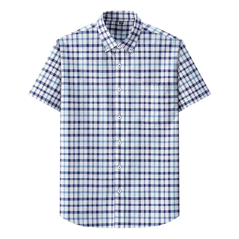 Browon Men Classic Short Sleeve Plaid Cotton Oxford Shirt