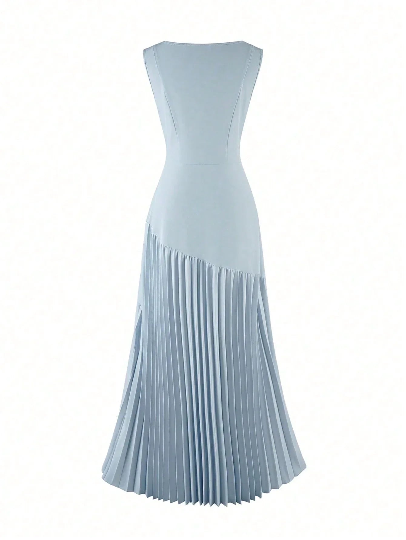 Elegant Light Blue Sleeveless Round Neck Pleated A-Line Floor Length Dress For Women
