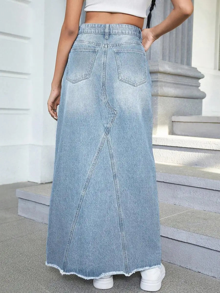 Women's High-Waisted Wide-Leg Denim Skirt with Frayed Hem