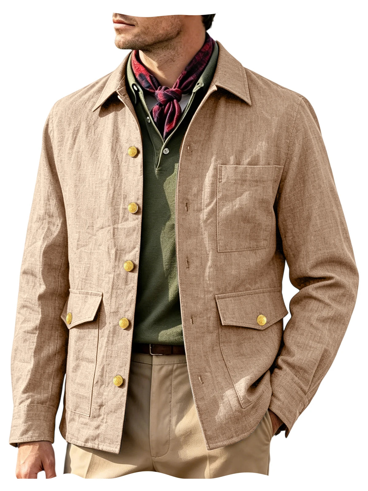 Mens Vintage Linen Jacket With Breathable Gold Button Lapel Design