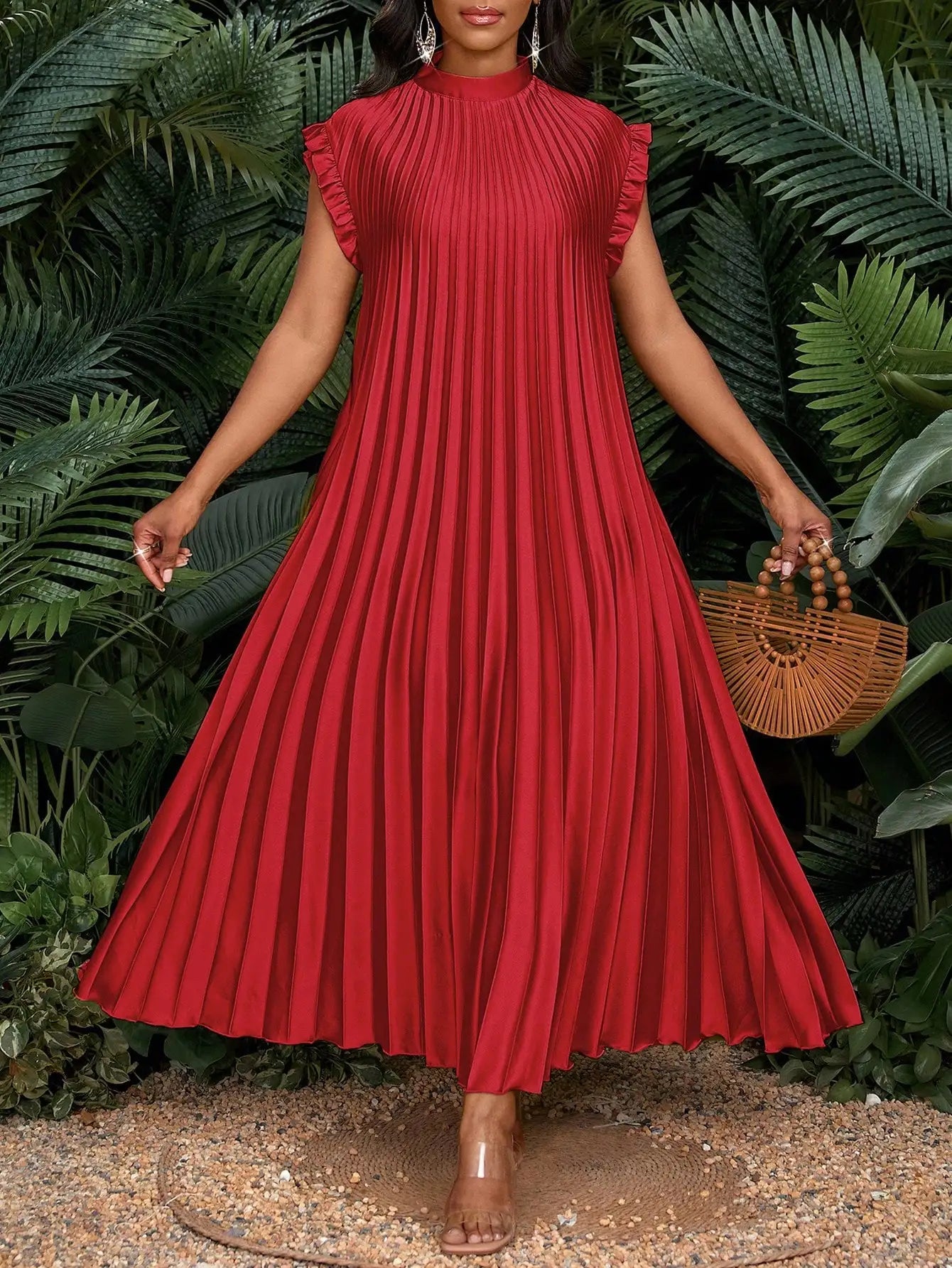 Pleated A-Line Maxi Dress With Stand Collar And Ruffle Cap Sleeves For Party Wedding Beach Event