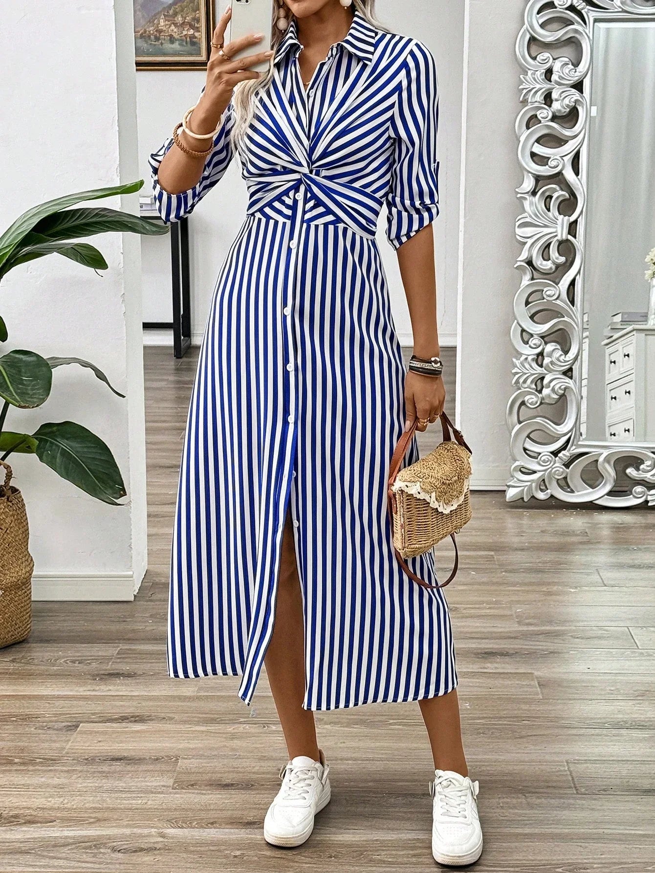 Blue And White Striped Twist Front Midi Dress With Belt