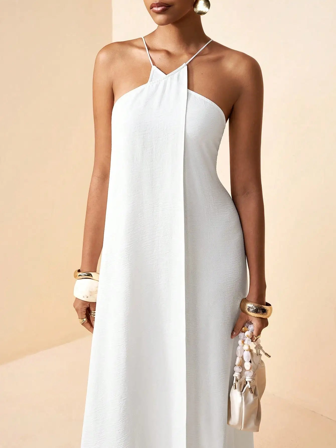 Boho Solid White Linen A-Line Backless Halter Long Dress For Vacation Beach Wedding
