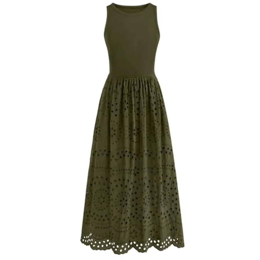 dowerme Women Summer Dresses 2026 Casual Sleeveless Crewneck A-Line Boho Lace Eyelet Cotton Tank Maxi Dress with Pockets