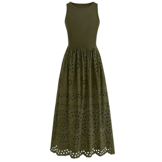 dowerme Women Summer Dresses 2026 Casual Sleeveless Crewneck A-Line Boho Lace Eyelet Cotton Tank Maxi Dress with Pockets