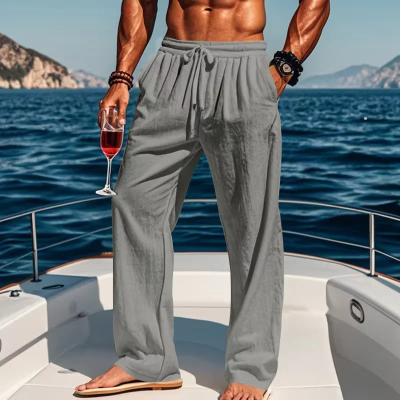 Men's Linen Casual Pants Elastic Drawstring Waist Wide Leg Trousers Summer Breathable Loose Fit Beach Pants Holiday Daily Wear