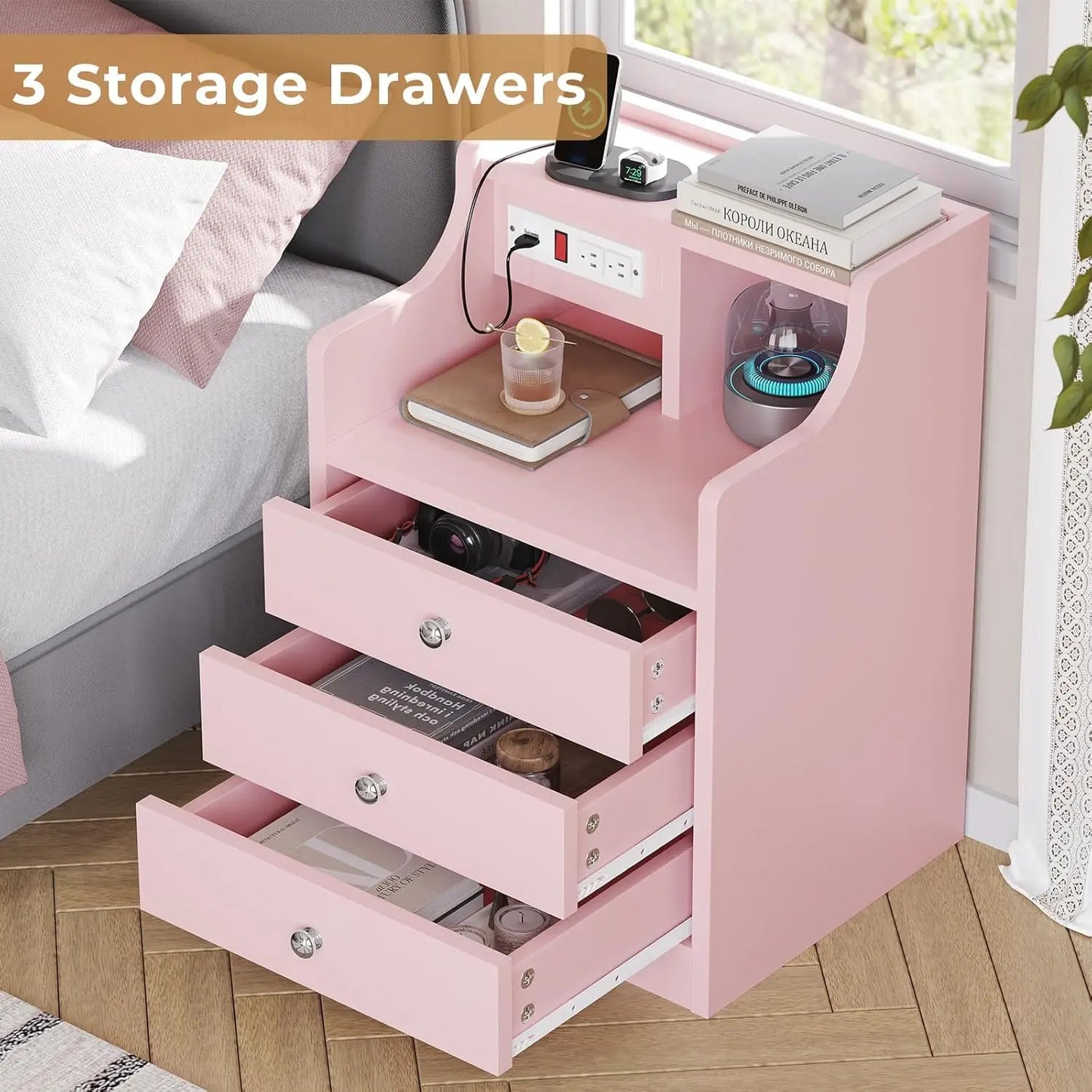 Night Stand Set 2,Pink Nightstand with Charging Station & Hutch,Night Stands for Bedrooms Set of 2,Bedside Table, Customized