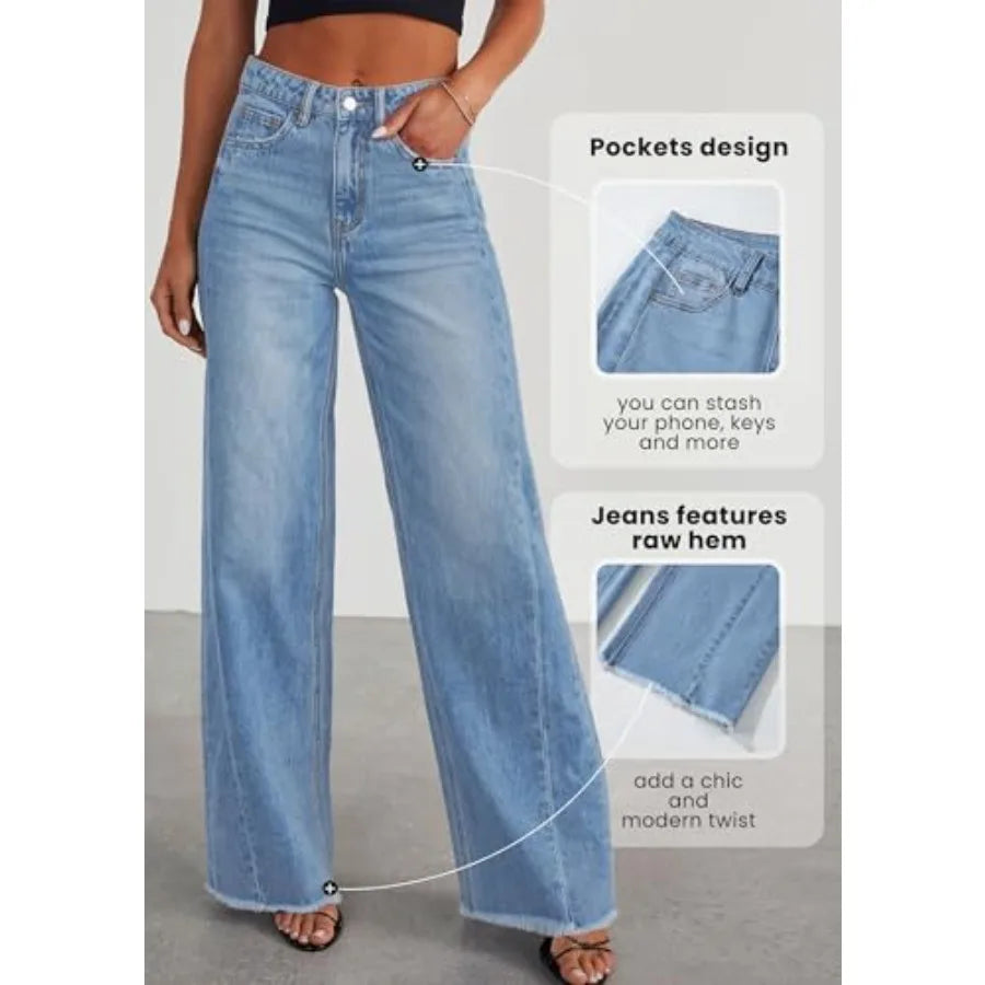 PRETTYGARDEN Wide Leg Jeans for Women Trendy High Waisted Stretchy Baggy Raw Hem Denim Palazzo Pants 202 Spring Fall Clothes