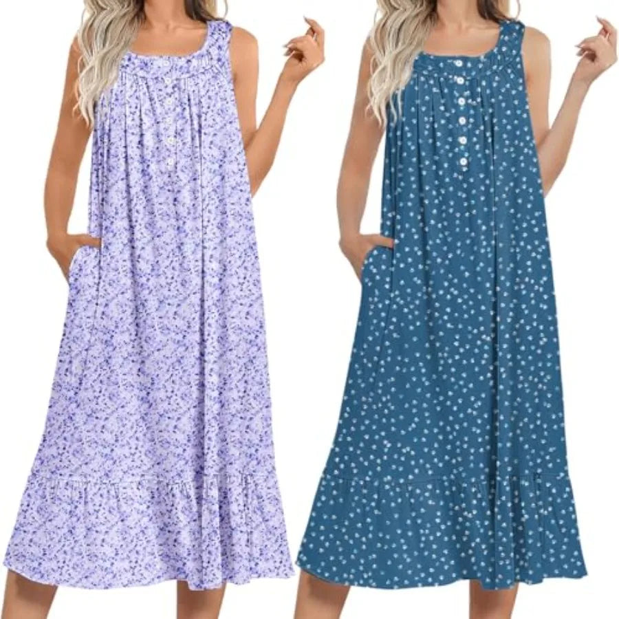 Ekouaer 2 Pack Nightgowns for Women Sleeveless Long Night Gowns Victorian Nightdress with Pockets Soft Ladies Gown