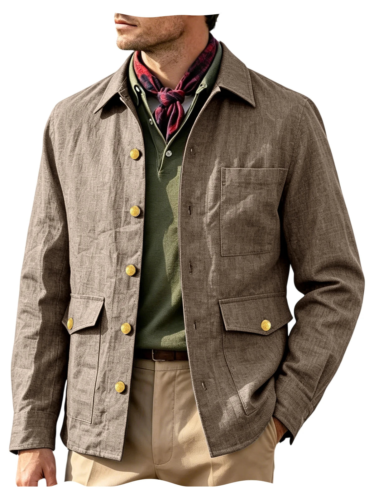 Mens Vintage Linen Jacket With Breathable Gold Button Lapel Design