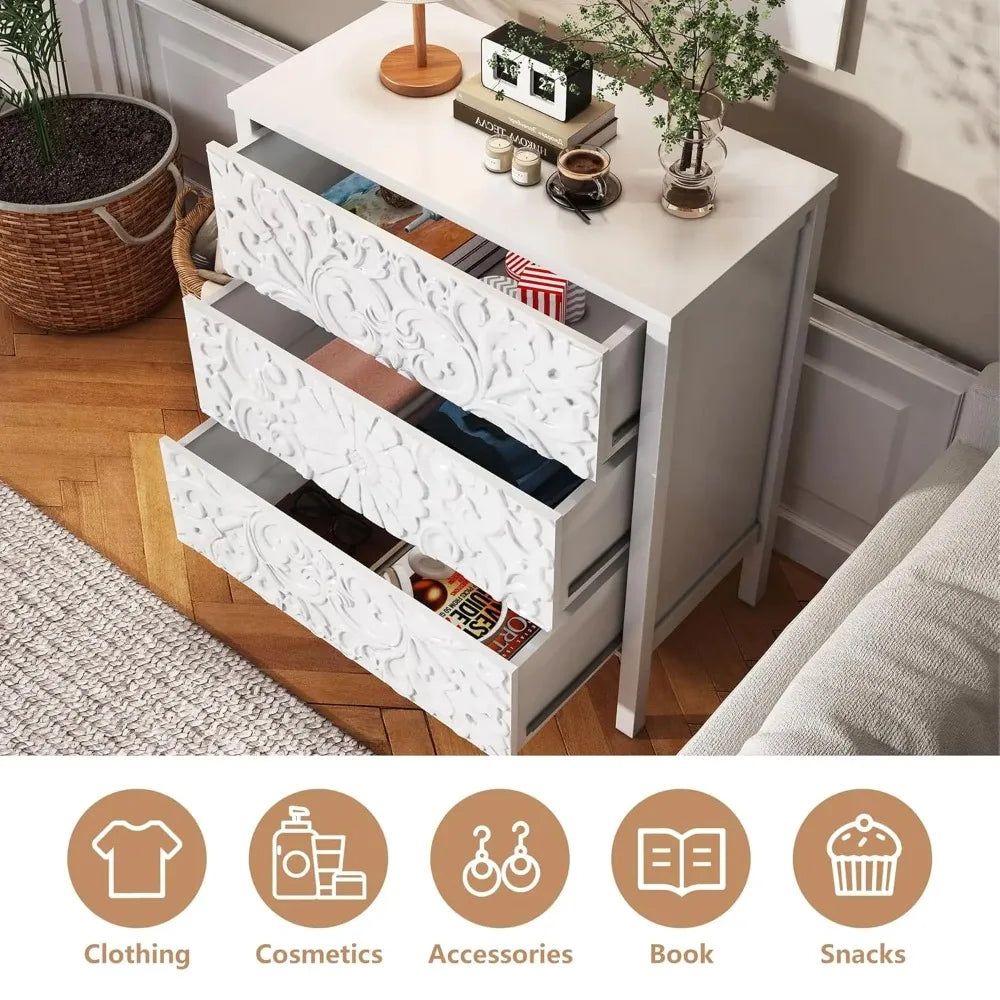 3-Drawer Dresser Chest, Modern Wooden Flower Motif Dressers with Wide Storage Space Chest of Drawers Bedside, Customized