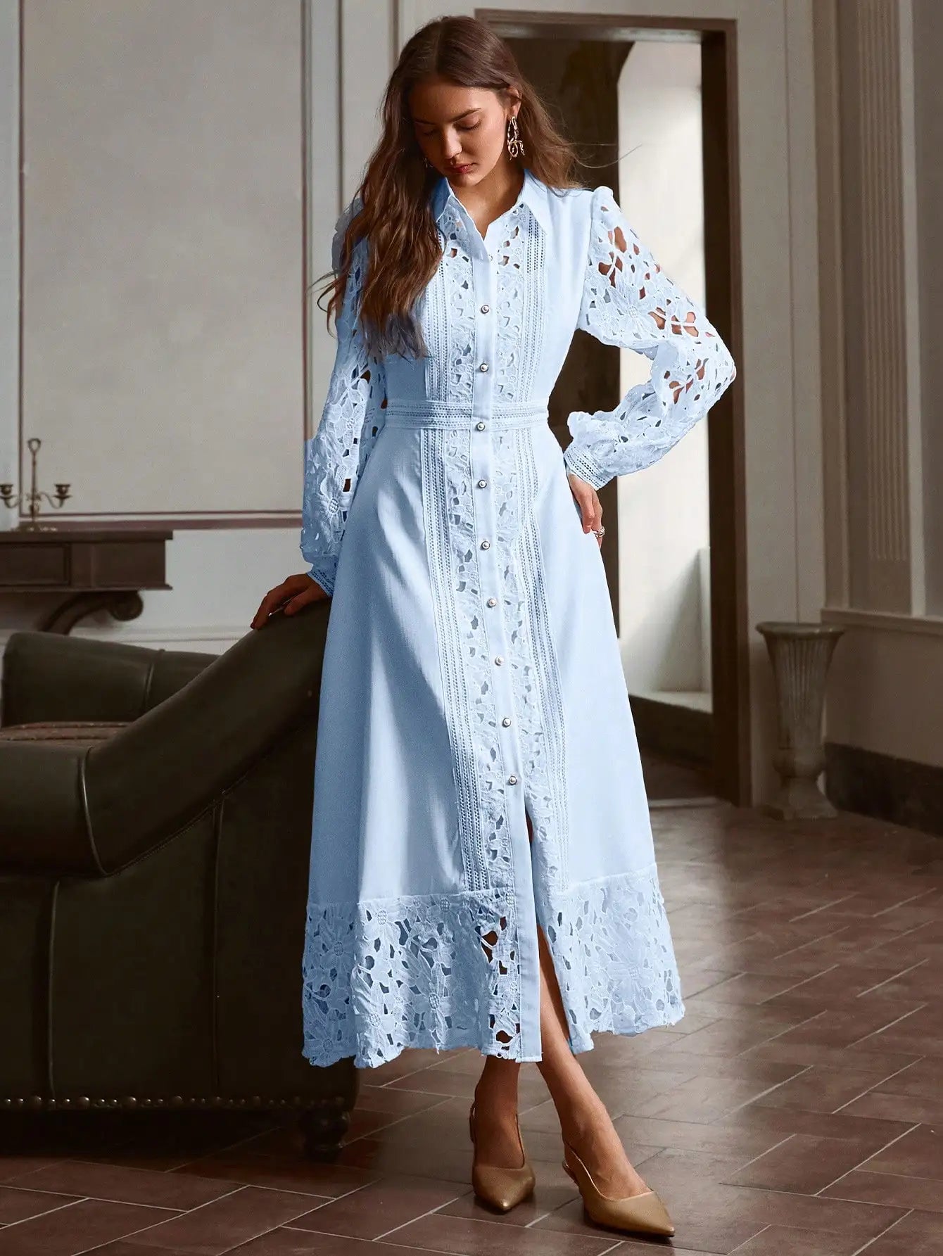 Elegant Solid Sky Blue Hollow Lace Patchwork Button Down Dress Vintage Style