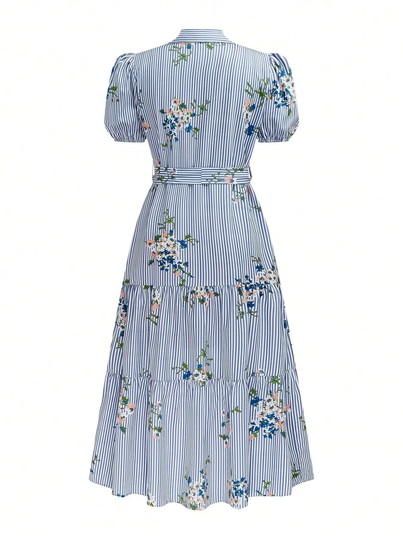 Women's Striped Floral Embroidered Midi Dress With Collar Puff Sleeves Tie-Up Waist