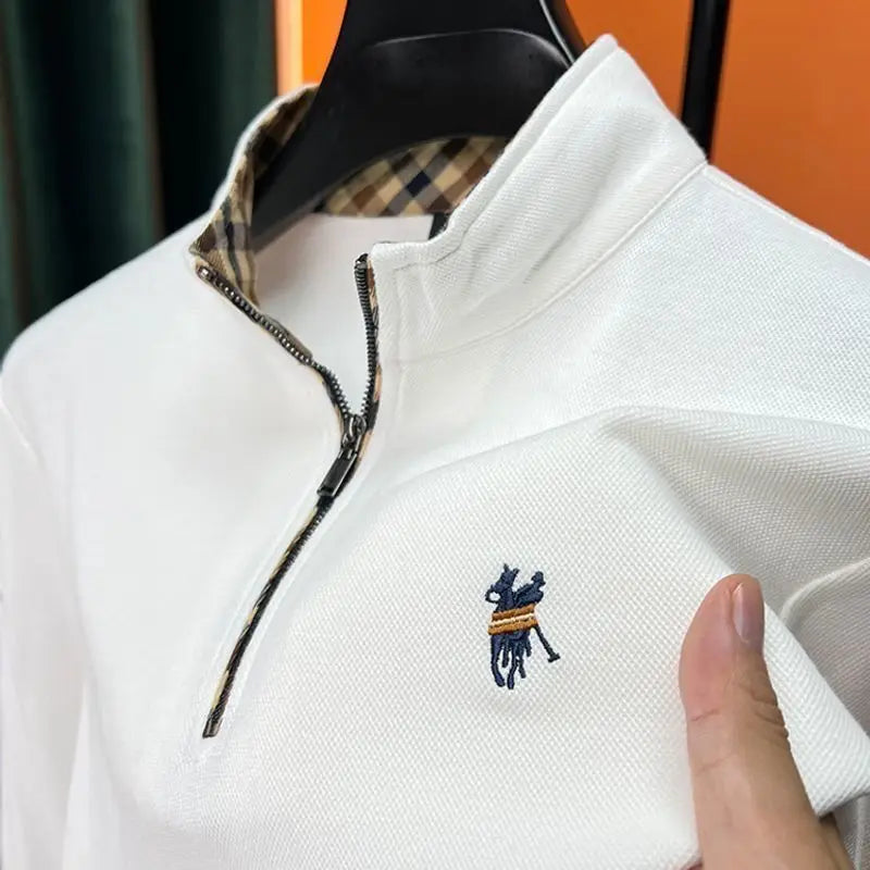 Mens Cotton Long Sleeve Embroidered Zipper Stand Collar Polo Shirt