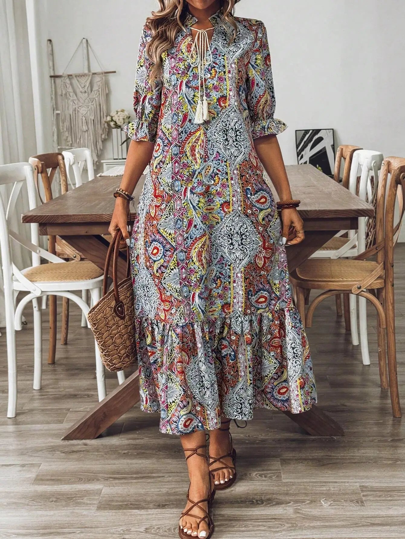 Bohemian Printed Mid-Sleeve Dress With Tassel Tie Neck Ruffle Hem Loose Maxi Dress