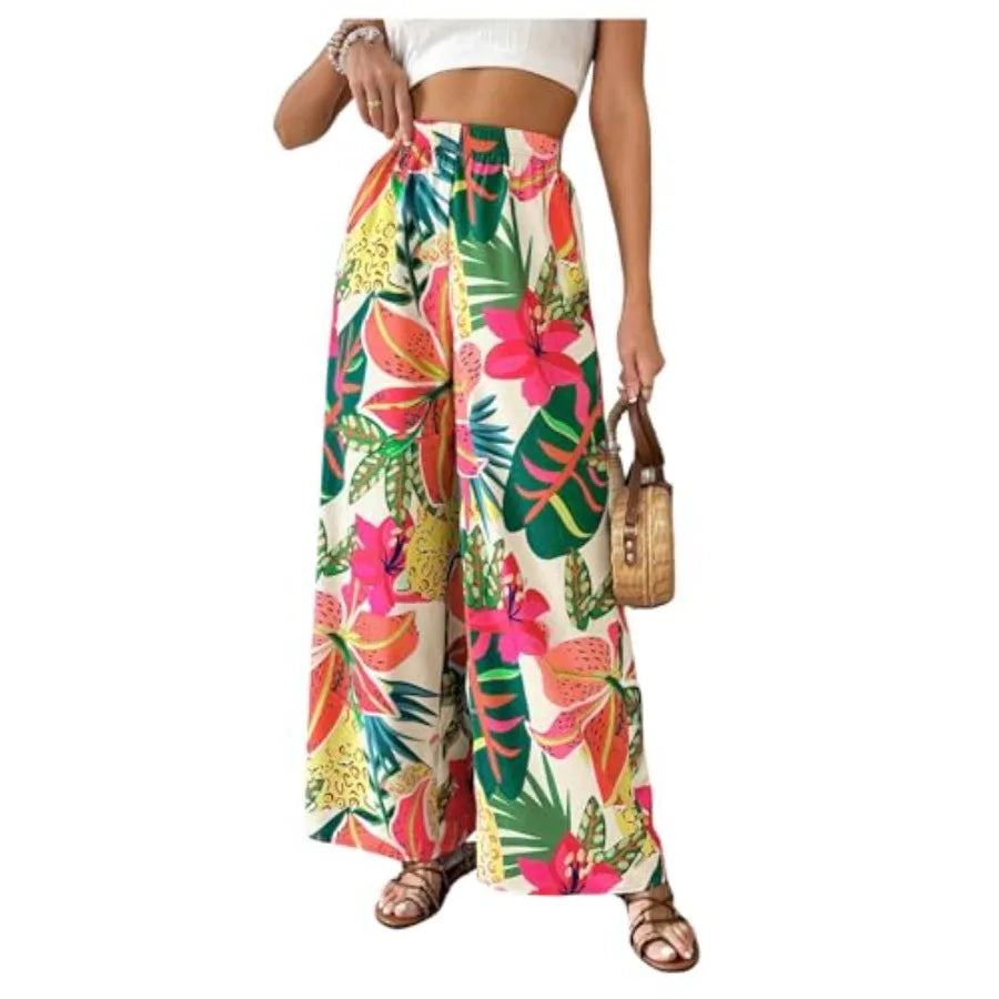 WDIRARA Women's Tropical Floral Print Elastic Waist Wide Leg Pants Palazzo Pants