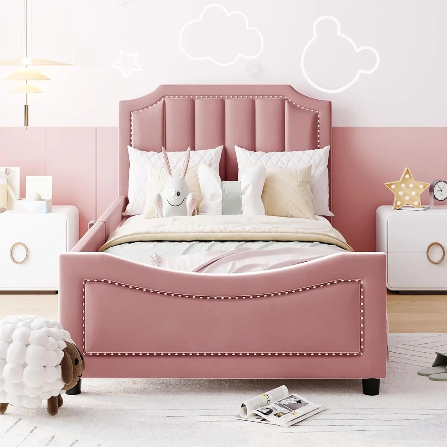 Twin Size Upholstered Bed with Belgrave Headboard, Low Platform Bed Frame with Rails, Kids Velvet Daybed with Slats, Customized