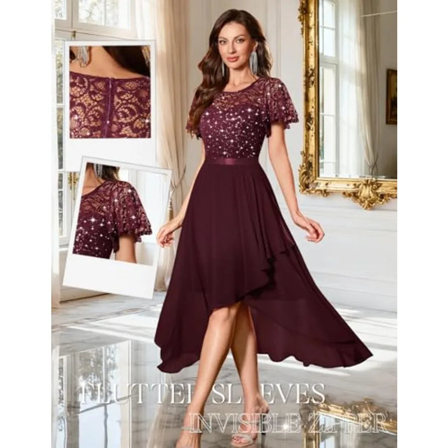 Wedtrend Women's Sparkly Sequin Dress Ruffle Formal Dresses Flutter Sleeve Wedding Guest Dress