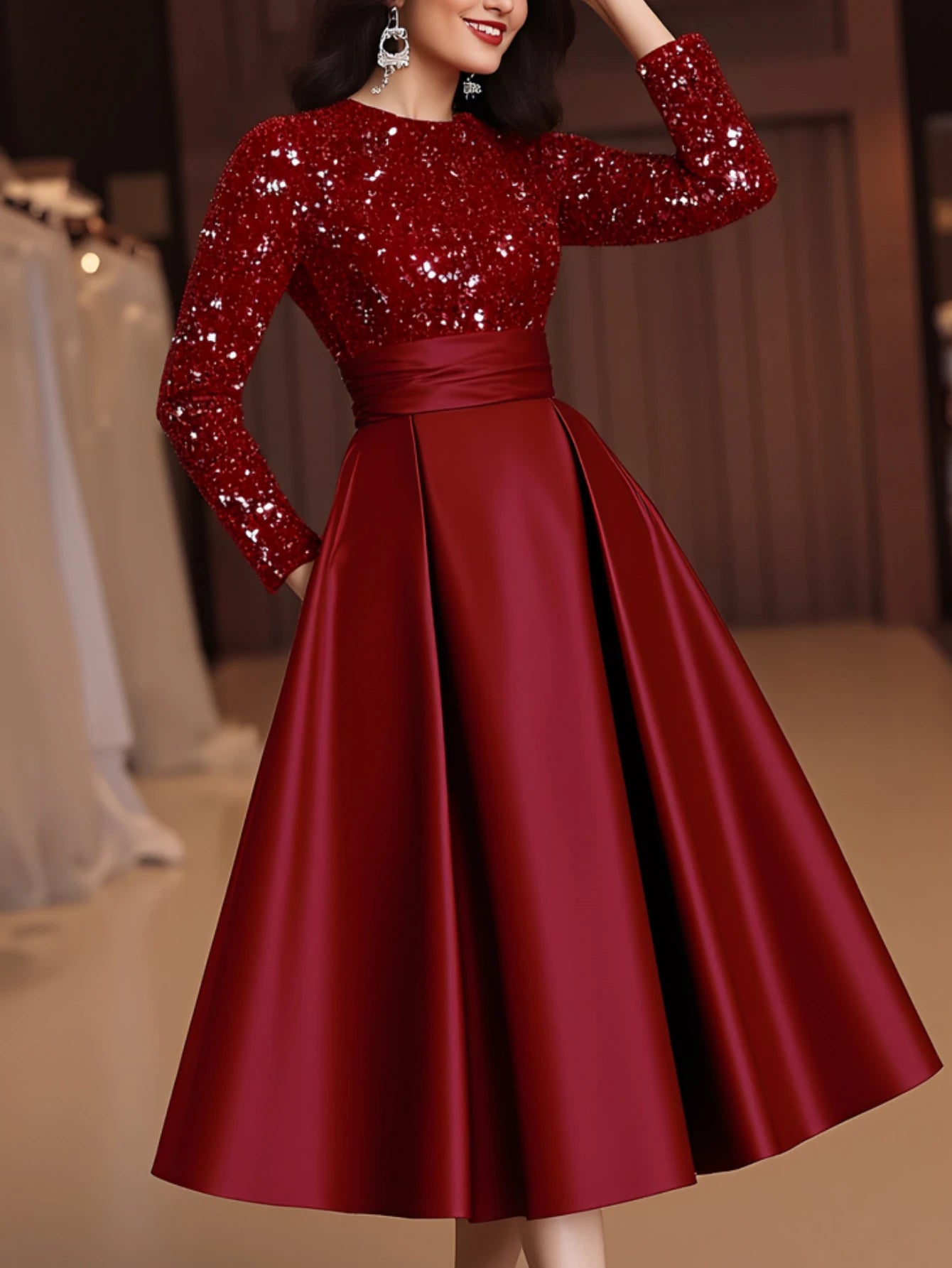 Women's Crew Neck Long Sleeve Sequin Patch Tie Flowy Midi Dress For Wedding Guest Banquet Evening Party Fashion Occasions