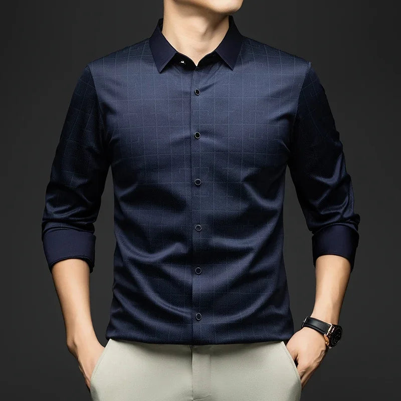 BROWON Plaid Shirt Men Long Sleeves 2026 Spring and Autumn Mulberry Silk Business Dress Shirt Man Casual Party Elegant Men Shirt