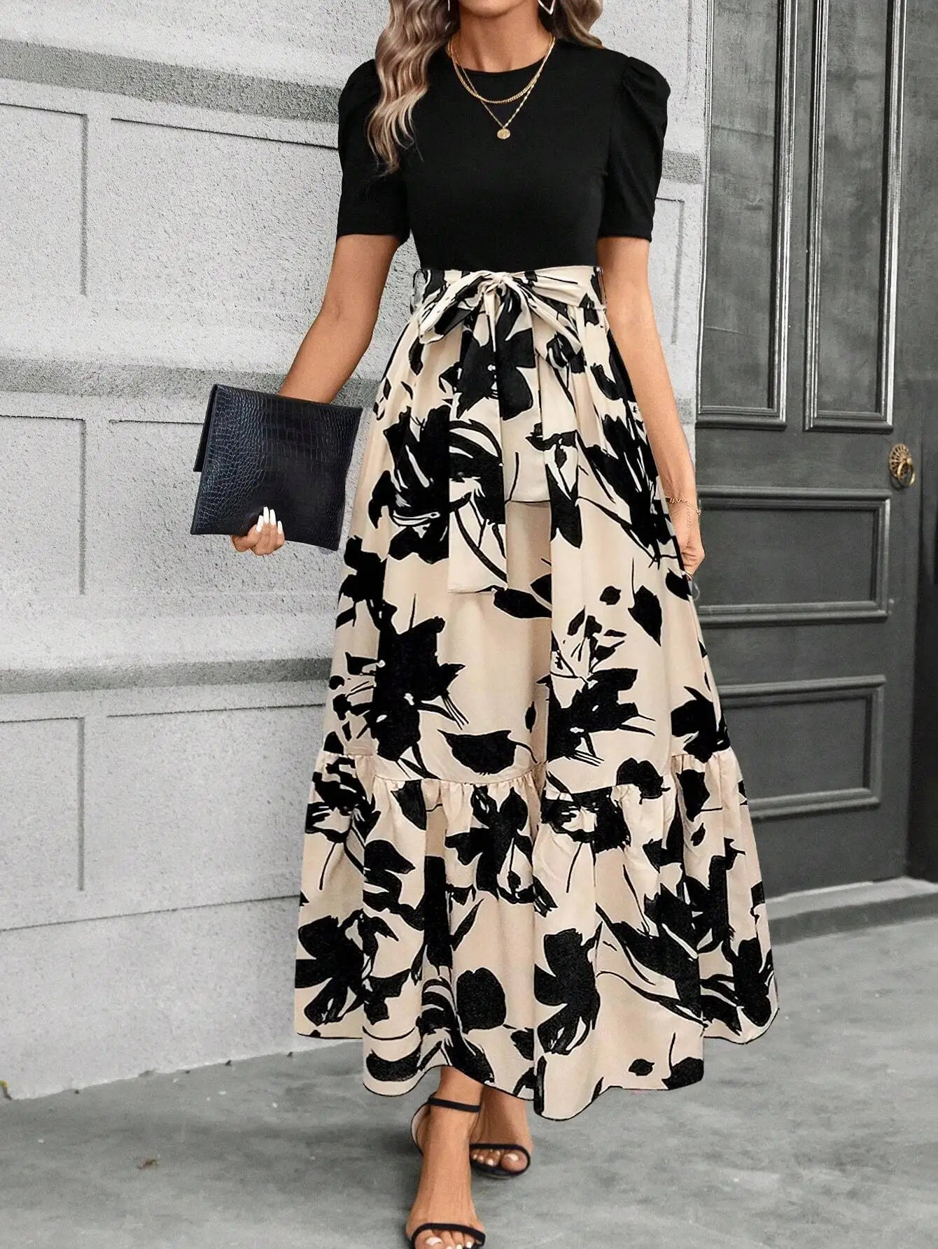 Women's Black Puff Sleeve Floral Print Maxi Dress With Sash Waist