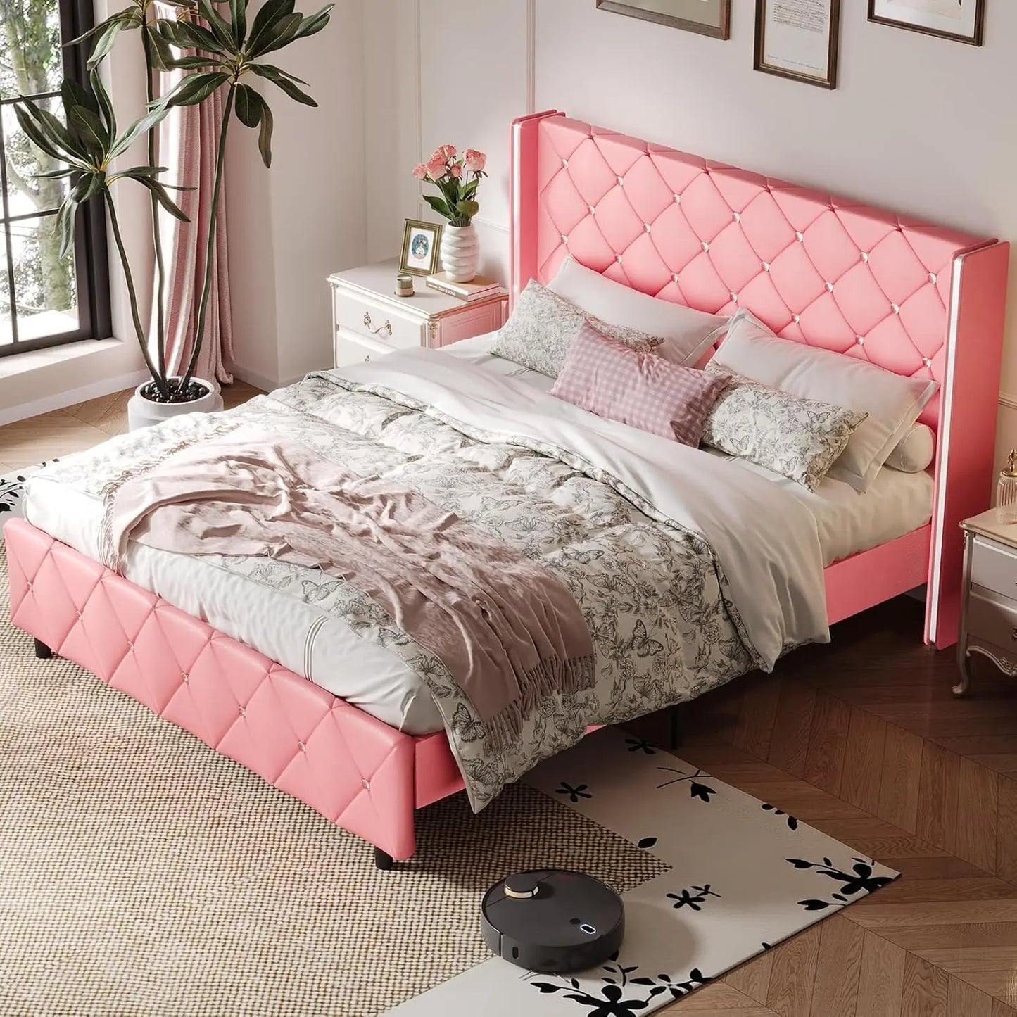 Queen Bed Frame with Headboard, Upholstered Queen Size Bed Frame with Diamond Tufted Wingback Headboard, Faux, Customized