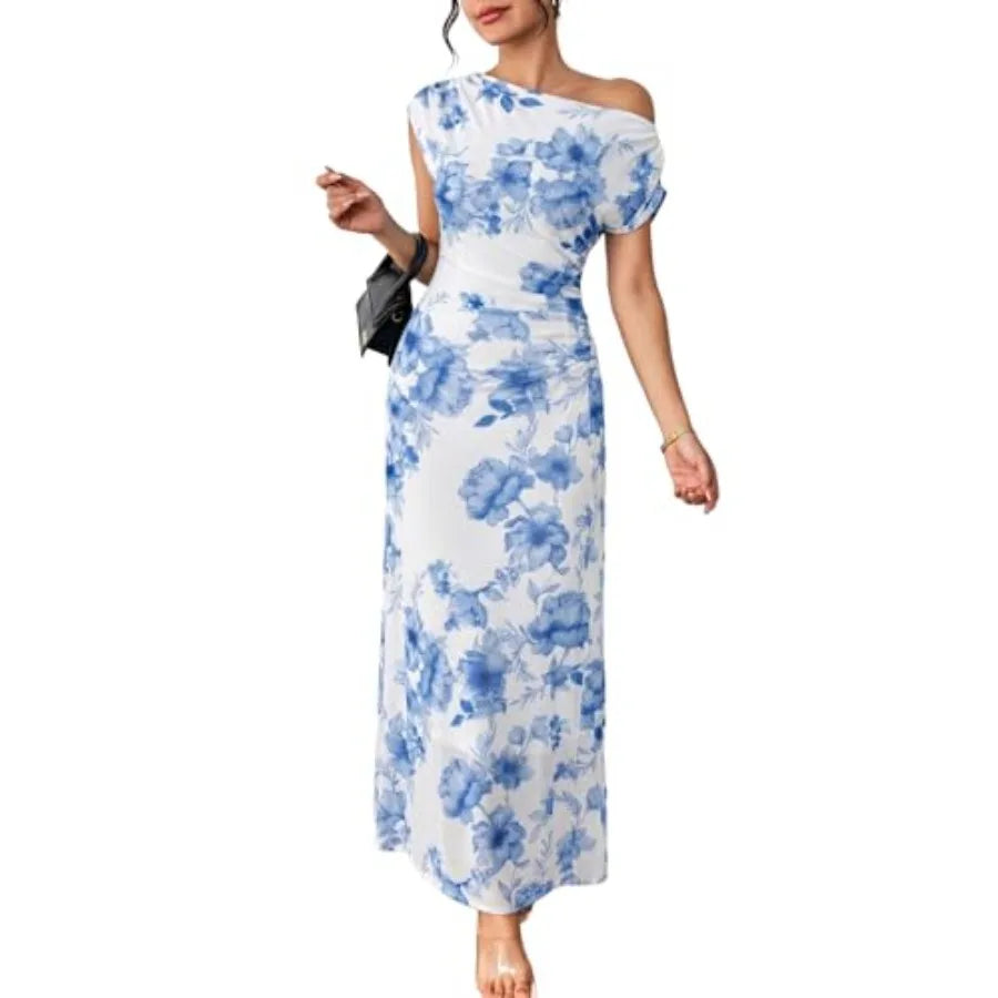 BLENCOT Women's Floral Off Shoulder Maxi Dress Ruched Bodycon Summer Wedding Guest Party Gown