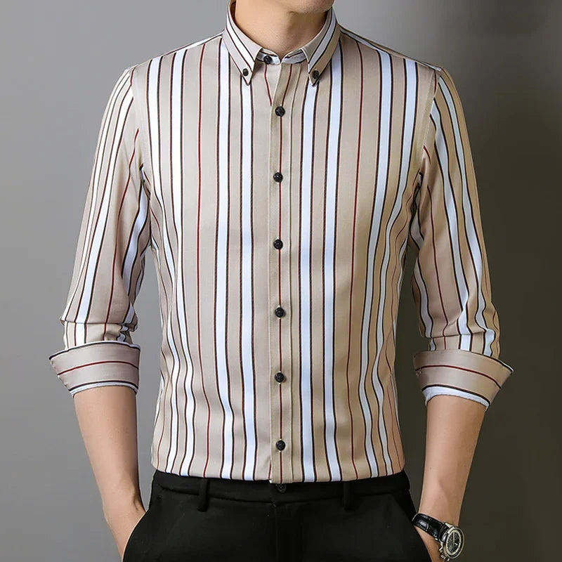 BROWON Brand 2026 Spring Business Shirt for Men Striped Turn-down Collar Dress Shirts Men Long Sleeve Tops Designer Clothes Man