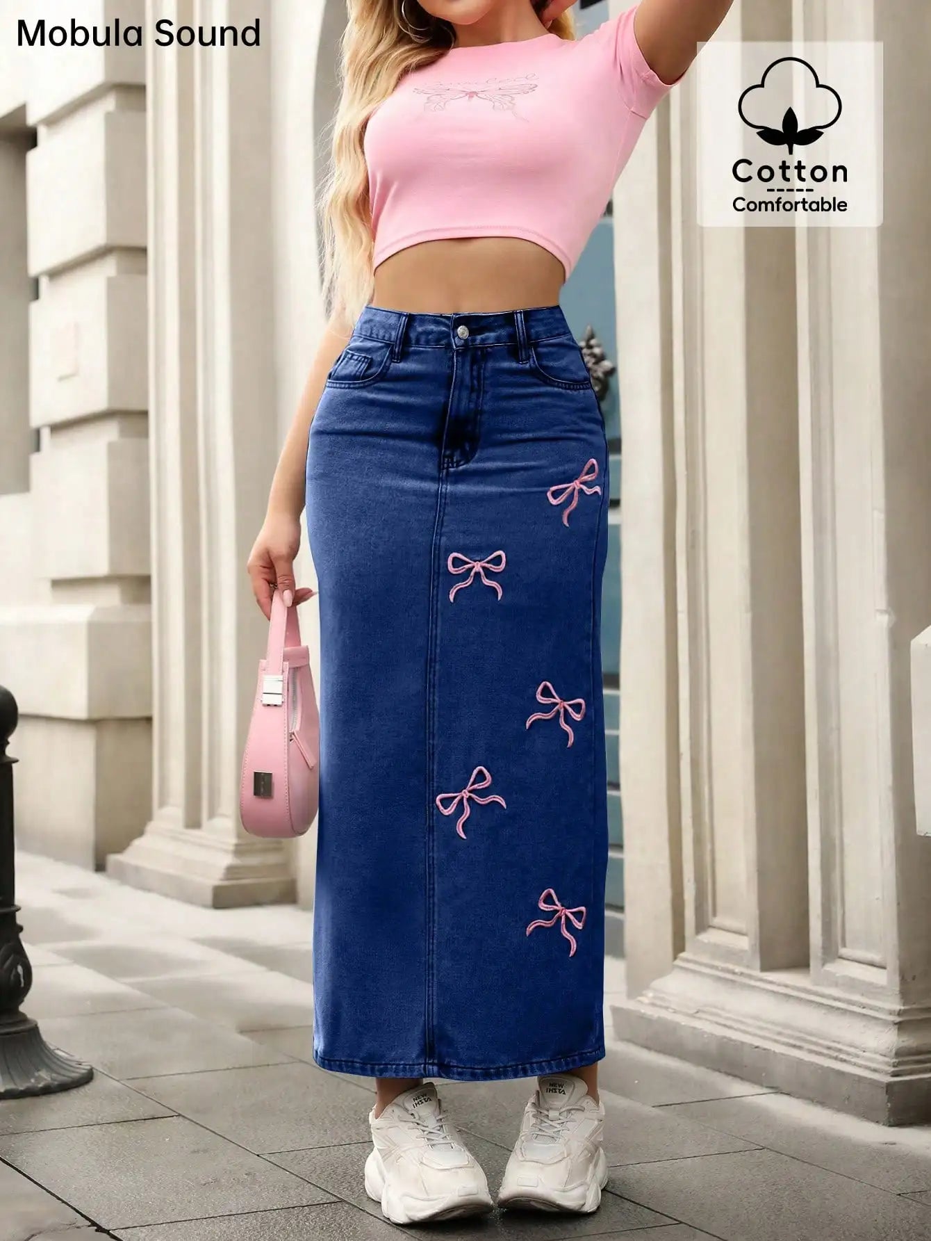 Cute Pink Bow Embroidered Bodycon Denim Midi Skirt for Women