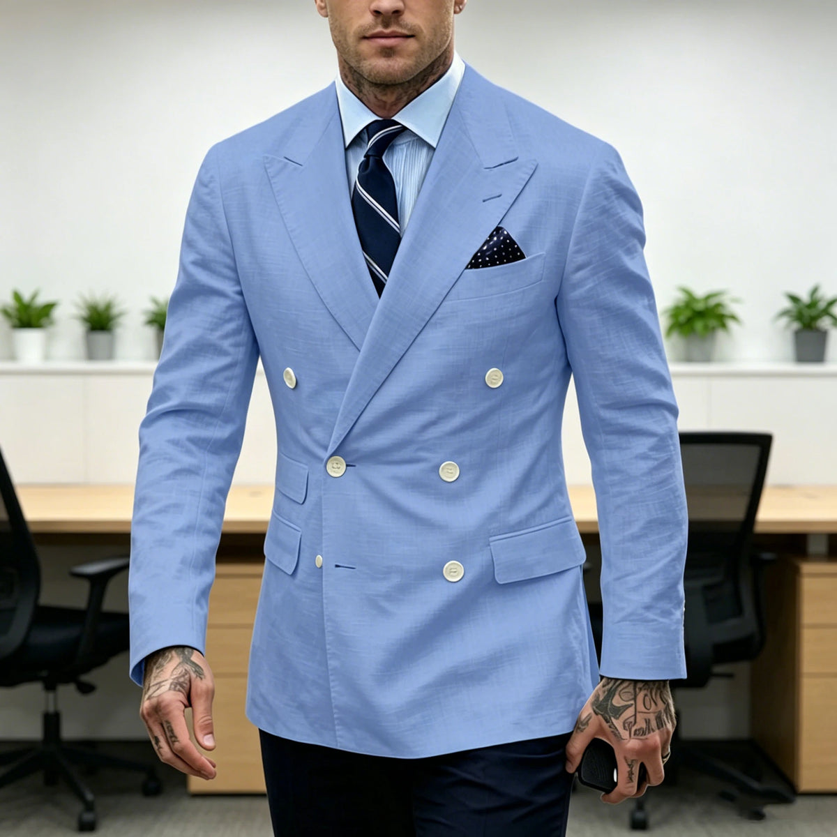Men's Double Breasted Blazer Slim Fit Linen Suit Jacket Formal Business Casual Tuxedo for Wedding Prom Office Party Daily Wear