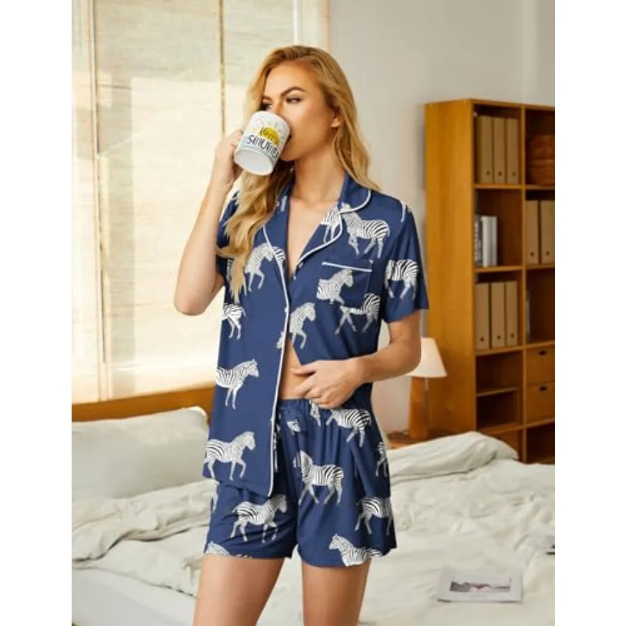 Ekouaer Pajamas Set for Women Short Sleeve Sleepwear Button Down Pjs Soft 2 Pcs Lounge Sets XS-XXXL