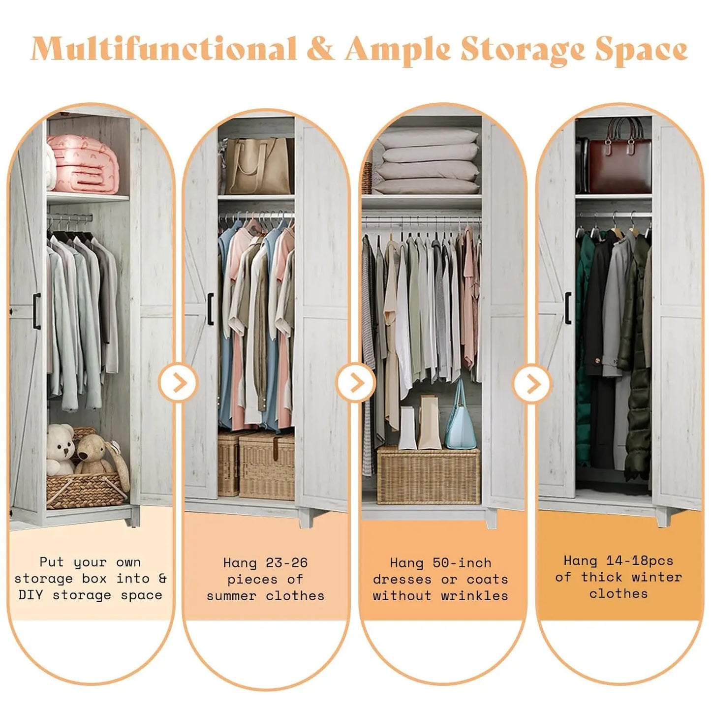 Farmhouse Armoire Closet 71in Barn Doors Cabinet Rod & Shelf Bedroom Storage White Custom