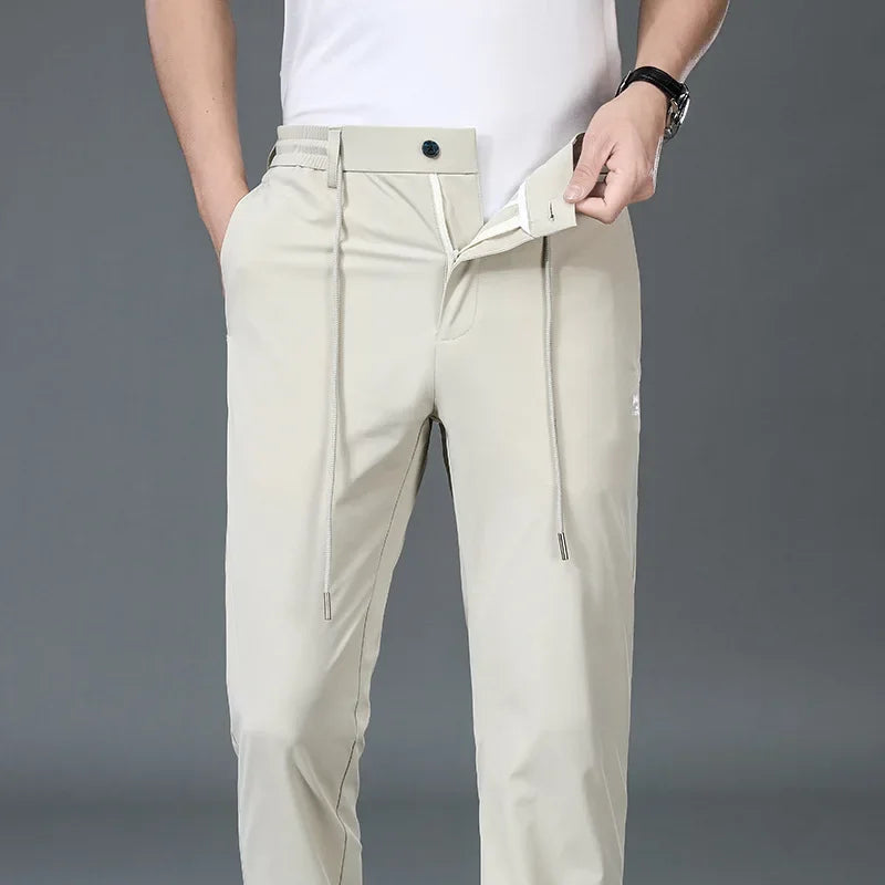 BROWON Black Pants Men 2026 Summer New Ice Silk Sports Casual Pants Thin Breathable Elastic Solid Color Mid Straight Trousers