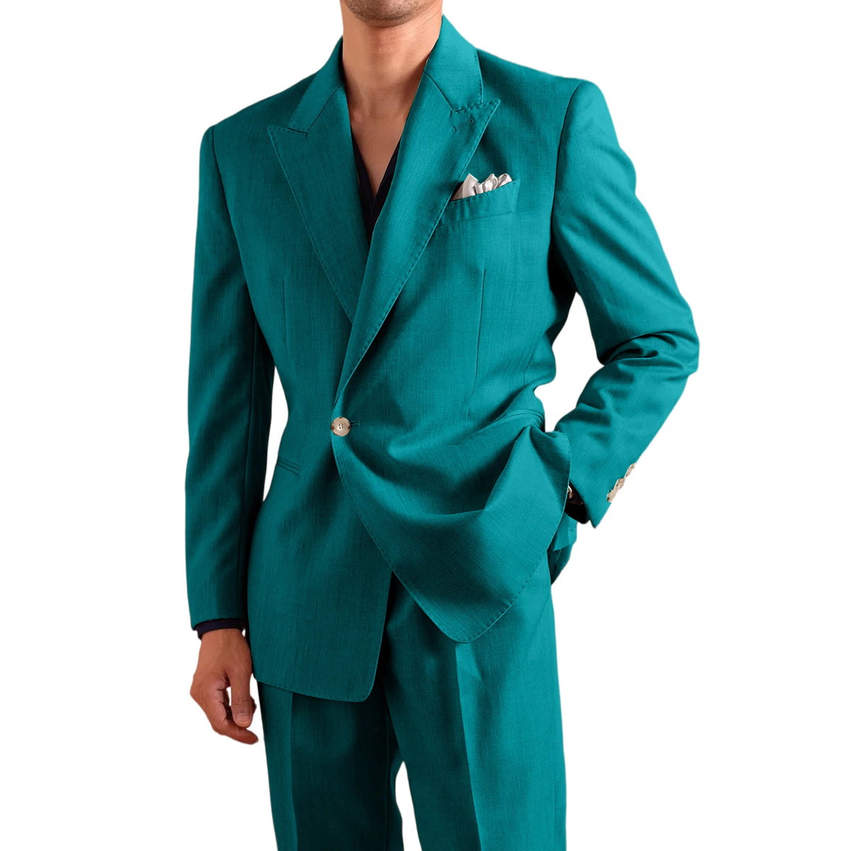 Men's Lightweight Linen 2-Piece Suit Set Peak Lapel Single Button Blazer Trousers Slim Fit Formal Summer Wedding Business Casual