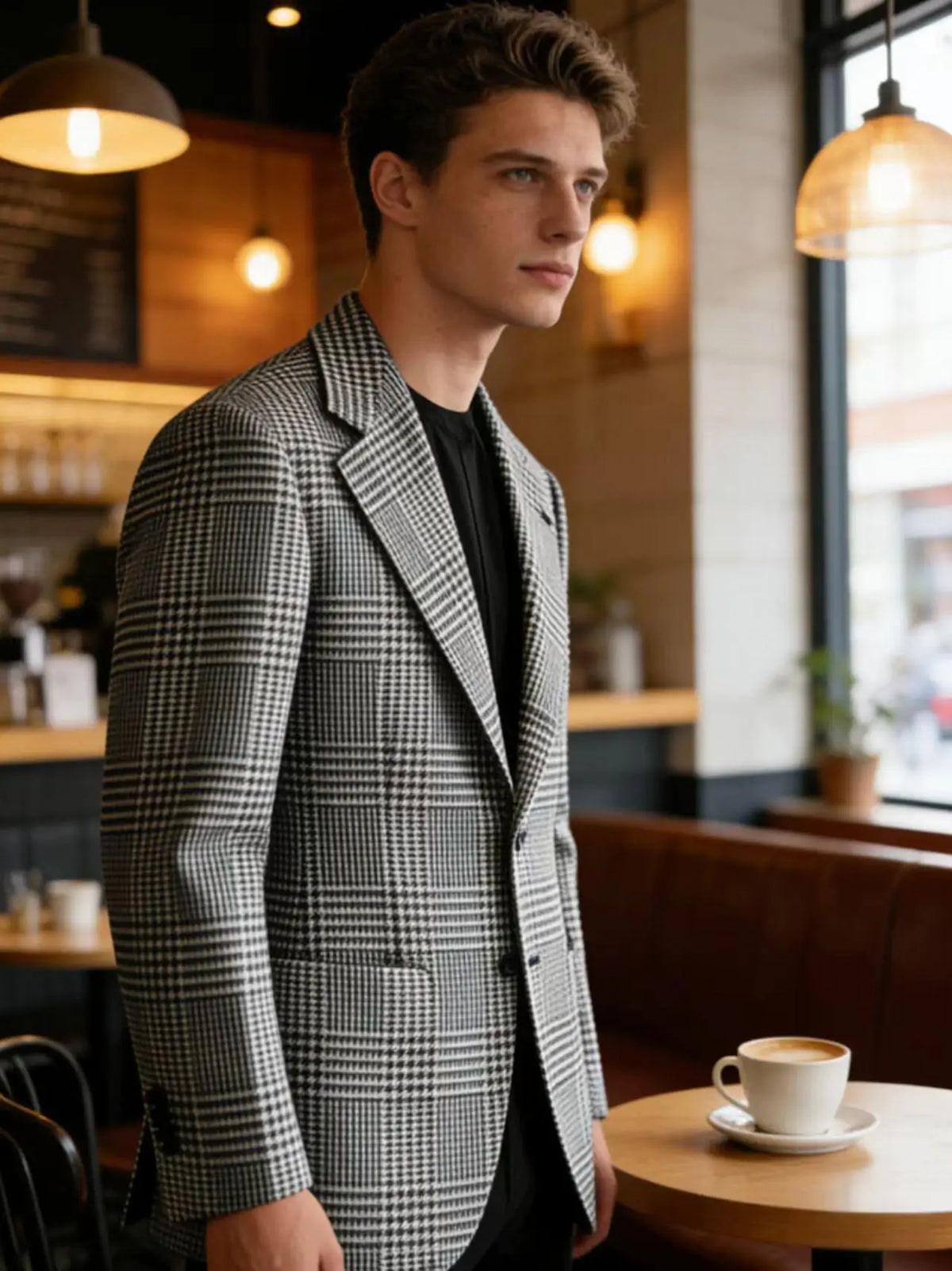 Mens Houndstooth Plaid Blazer Slim Fit Wool Blend Sport Coat Casual Two Button Notch Lapel Jacket Business Formal Tuxedo