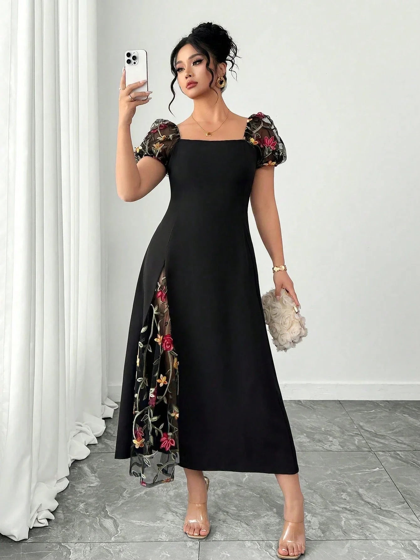 Elegant Black A-Line Midi Dress Plus Size Square Neck Sheer Puff Sleeve Floral Embroidery Split Thigh Party Dress