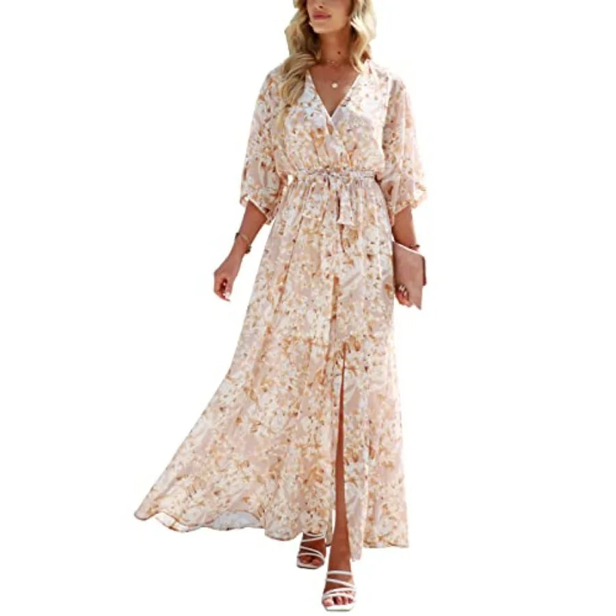 ANRABESS Womens 1/2 Sleeve Beach Wedding Guest Maxi Dresses 2026 Summer Wrap V Neck Boho Floral Flowy Slit Long Dresses